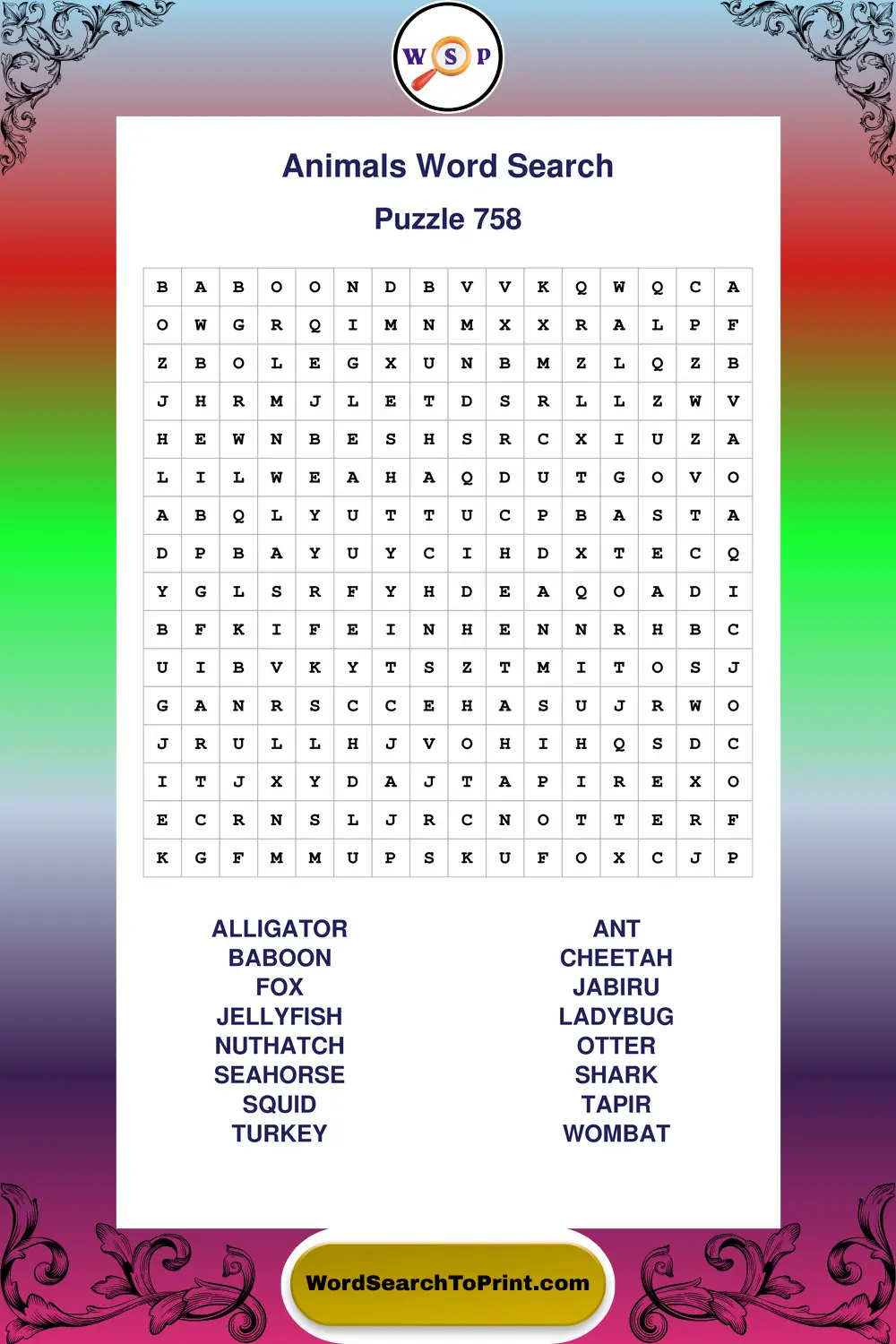 Animals Word Search Puzzle 758