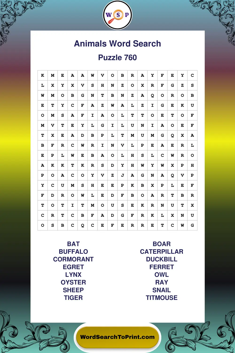 Animals Word Search Puzzle 760