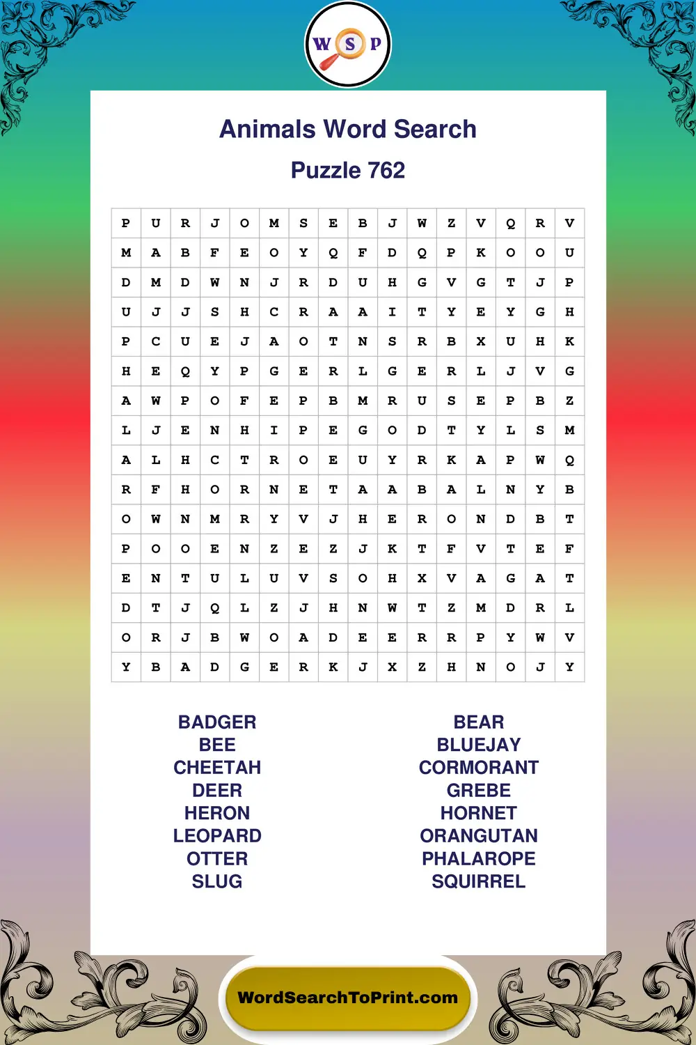 Animals Word Search Puzzle 762
