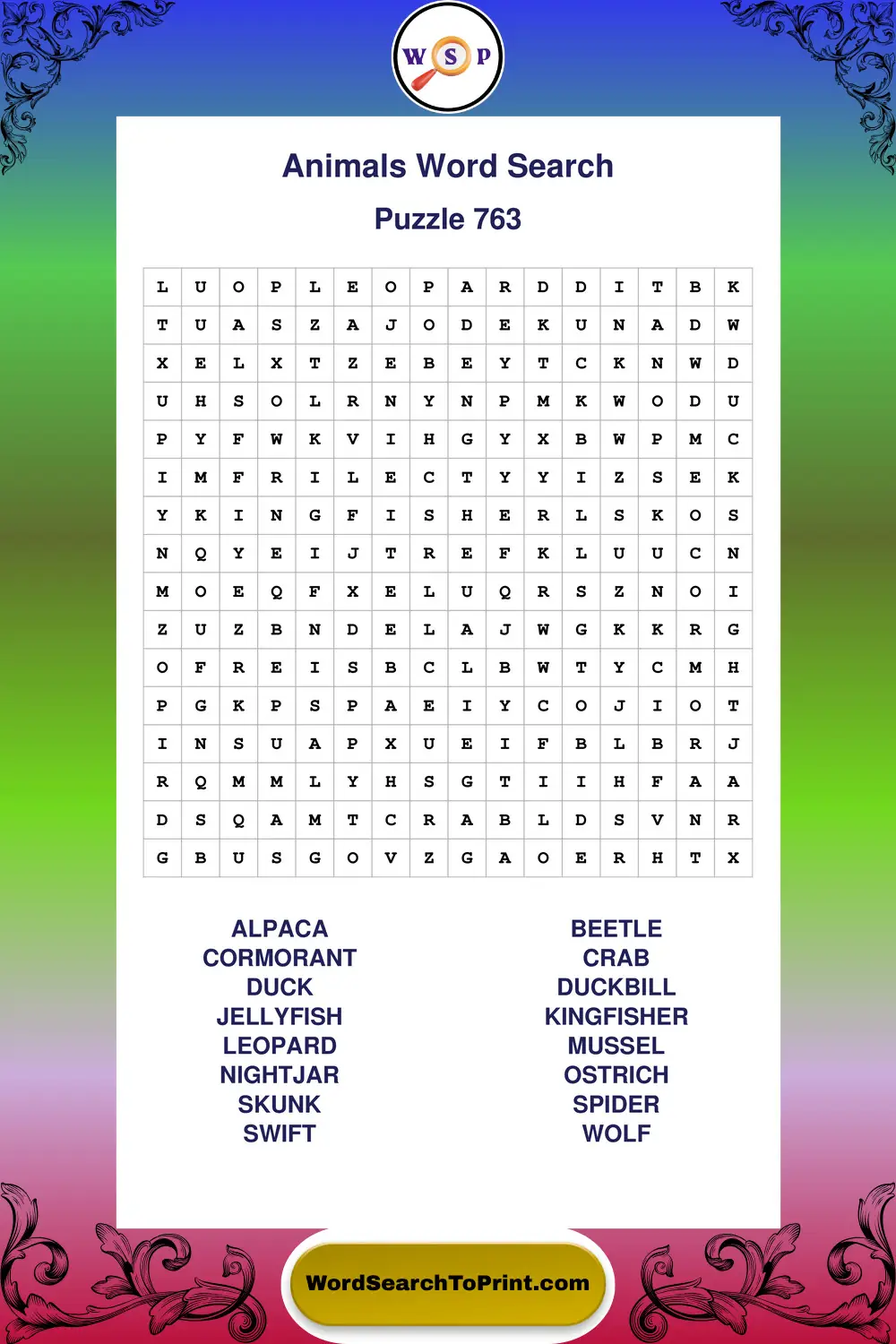 Animals Word Search Puzzle 763