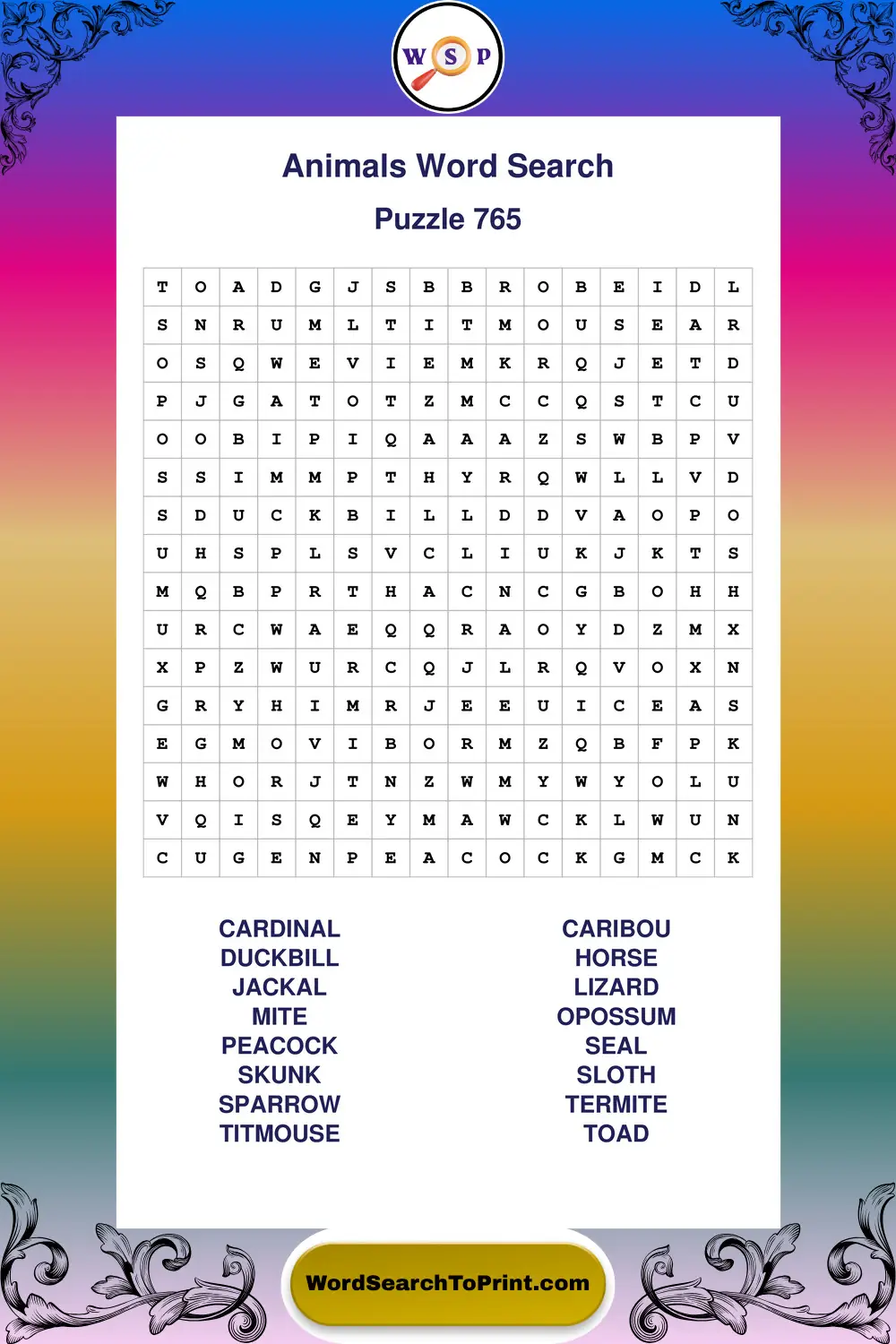 Animals Word Search Puzzle 765