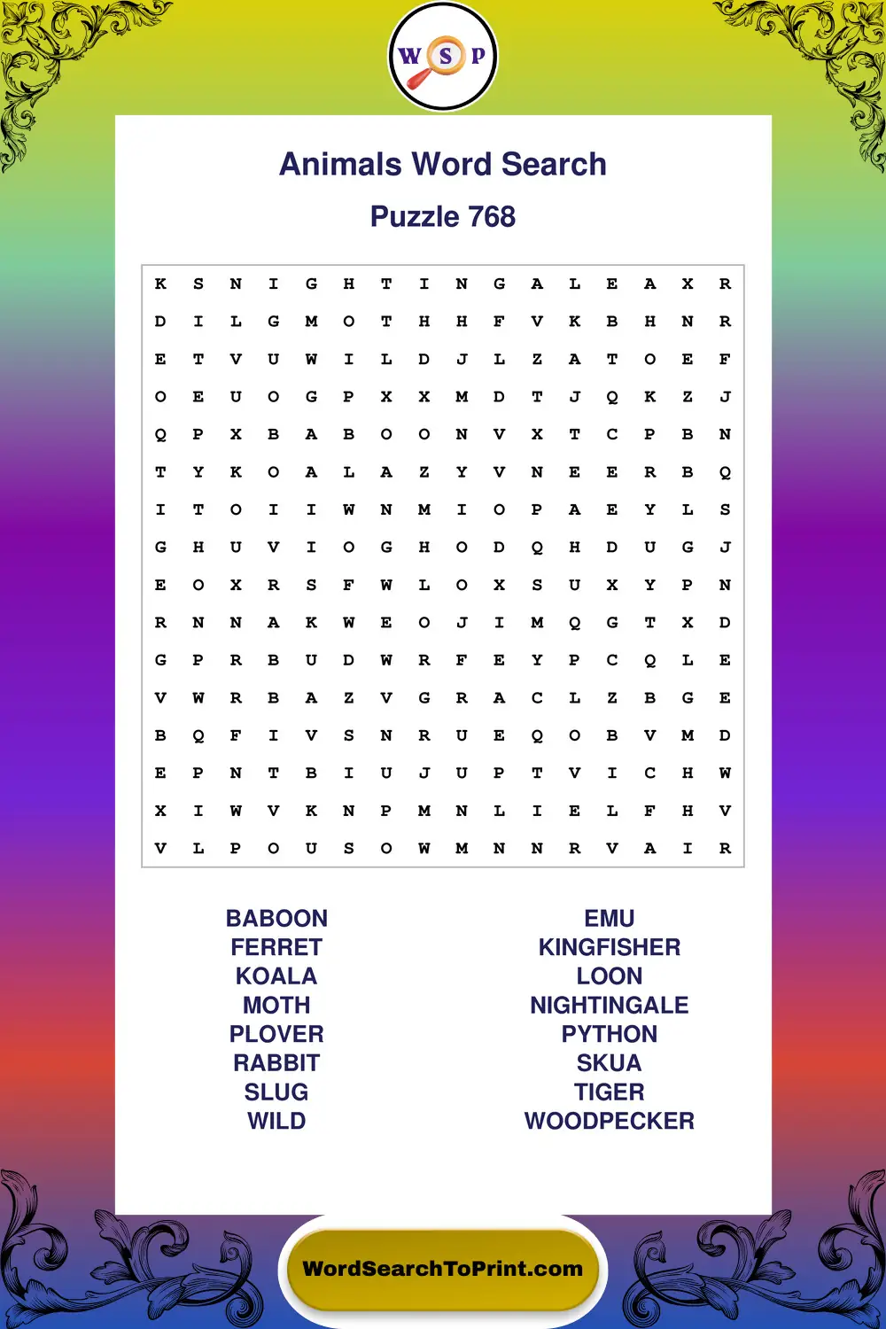 Animals Word Search Puzzle 768