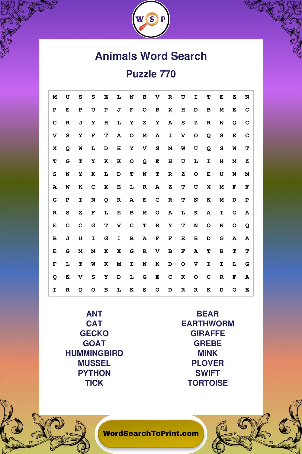 Animals Word Search Puzzle 770
