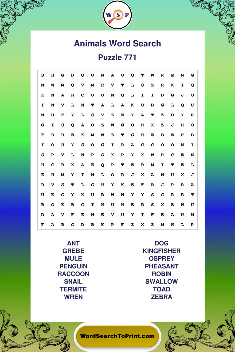 Animals Word Search Puzzle 771