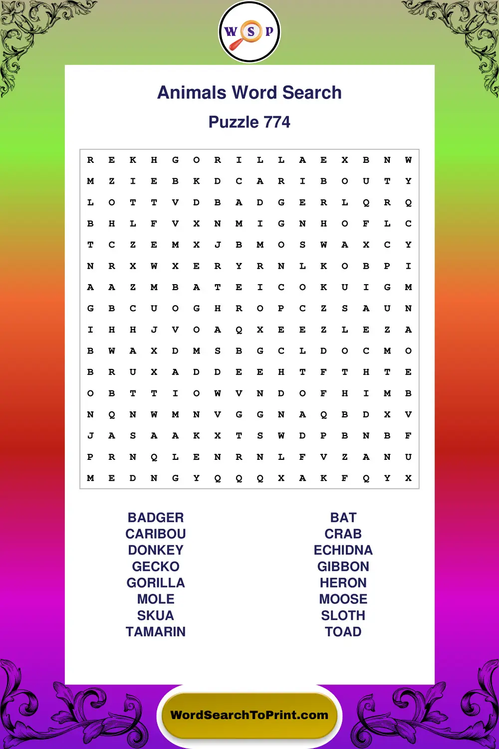 Animals Word Search Puzzle 774