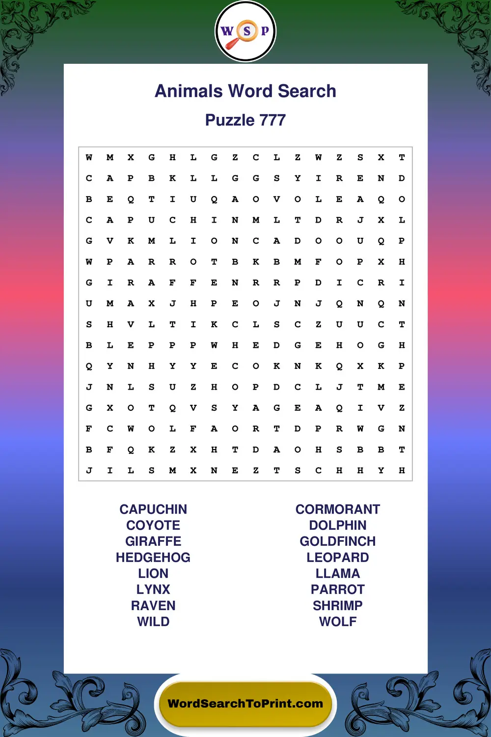 Animals Word Search Puzzle 777