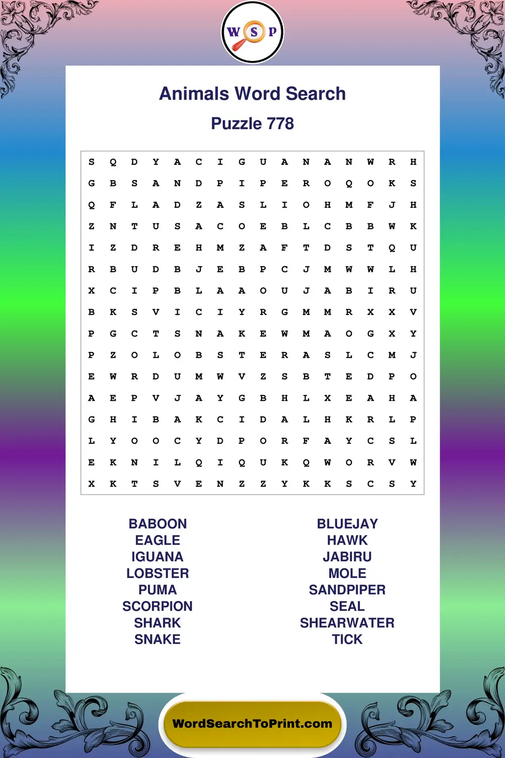 Animals Word Search Puzzle 778