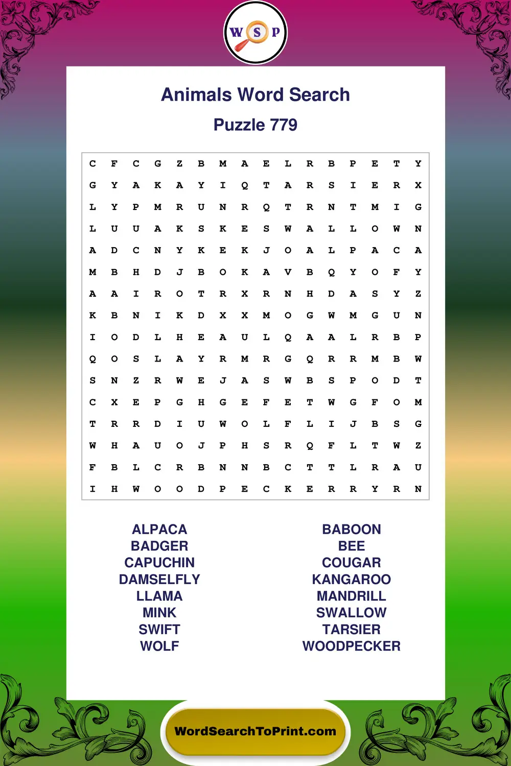 Animals Word Search Puzzle 779
