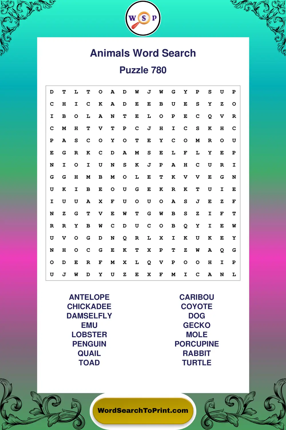 Animals Word Search Puzzle 780