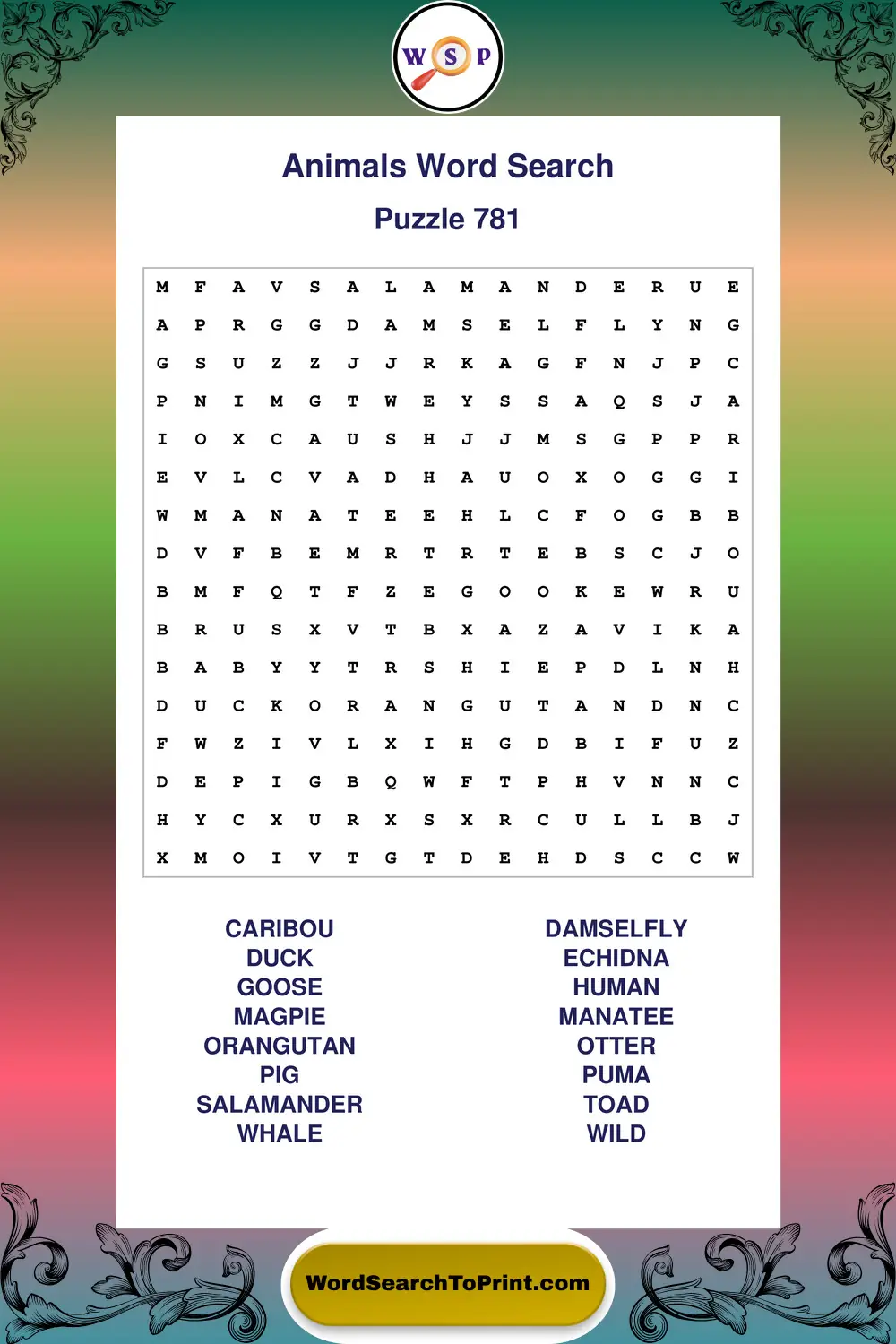 Animals Word Search Puzzle 781