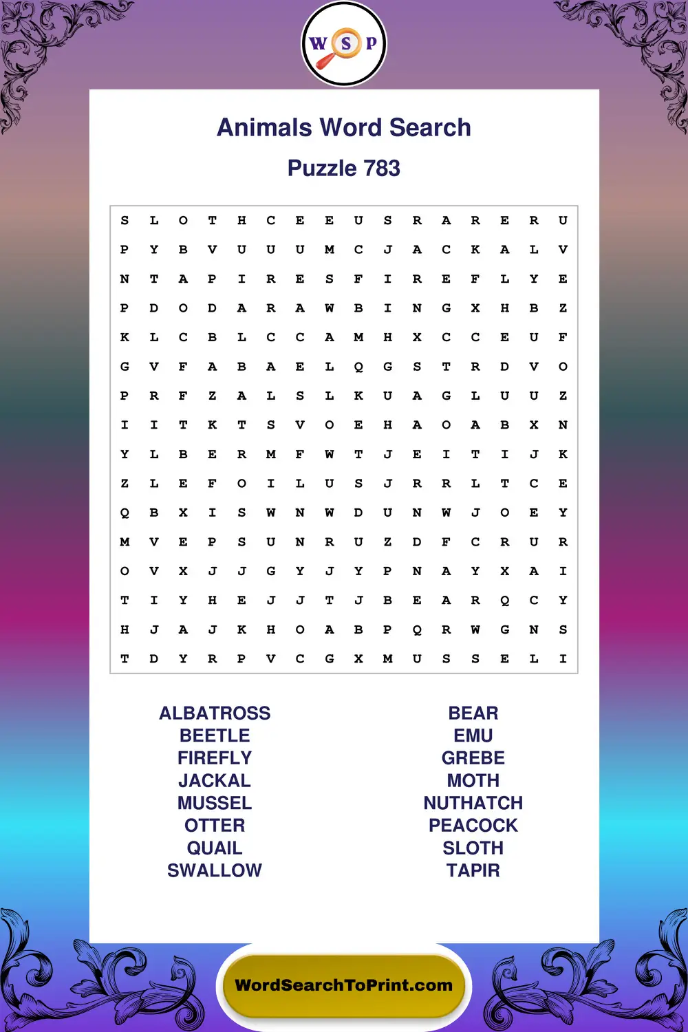 Animals Word Search Puzzle 783