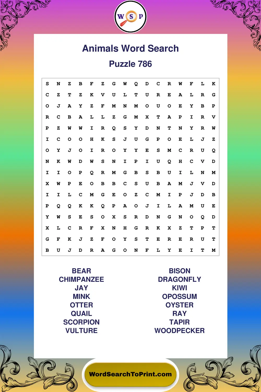Animals Word Search Puzzle 786