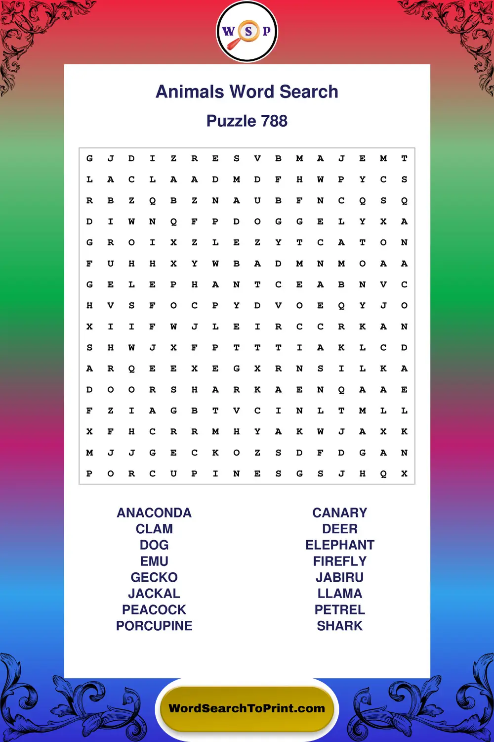 Animals Word Search Puzzle 788