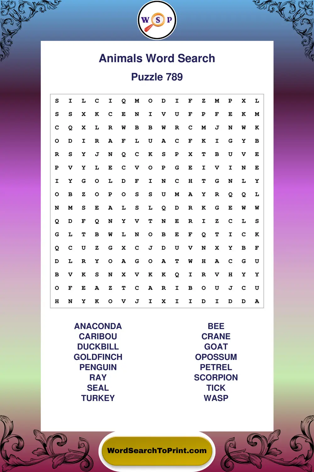 Animals Word Search Puzzle 789