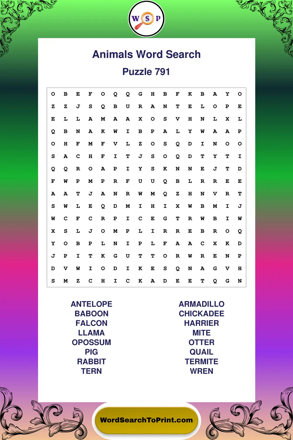 Animals Word Search Puzzle 791