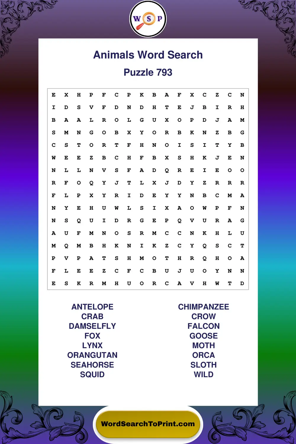 Animals Word Search Puzzle 793