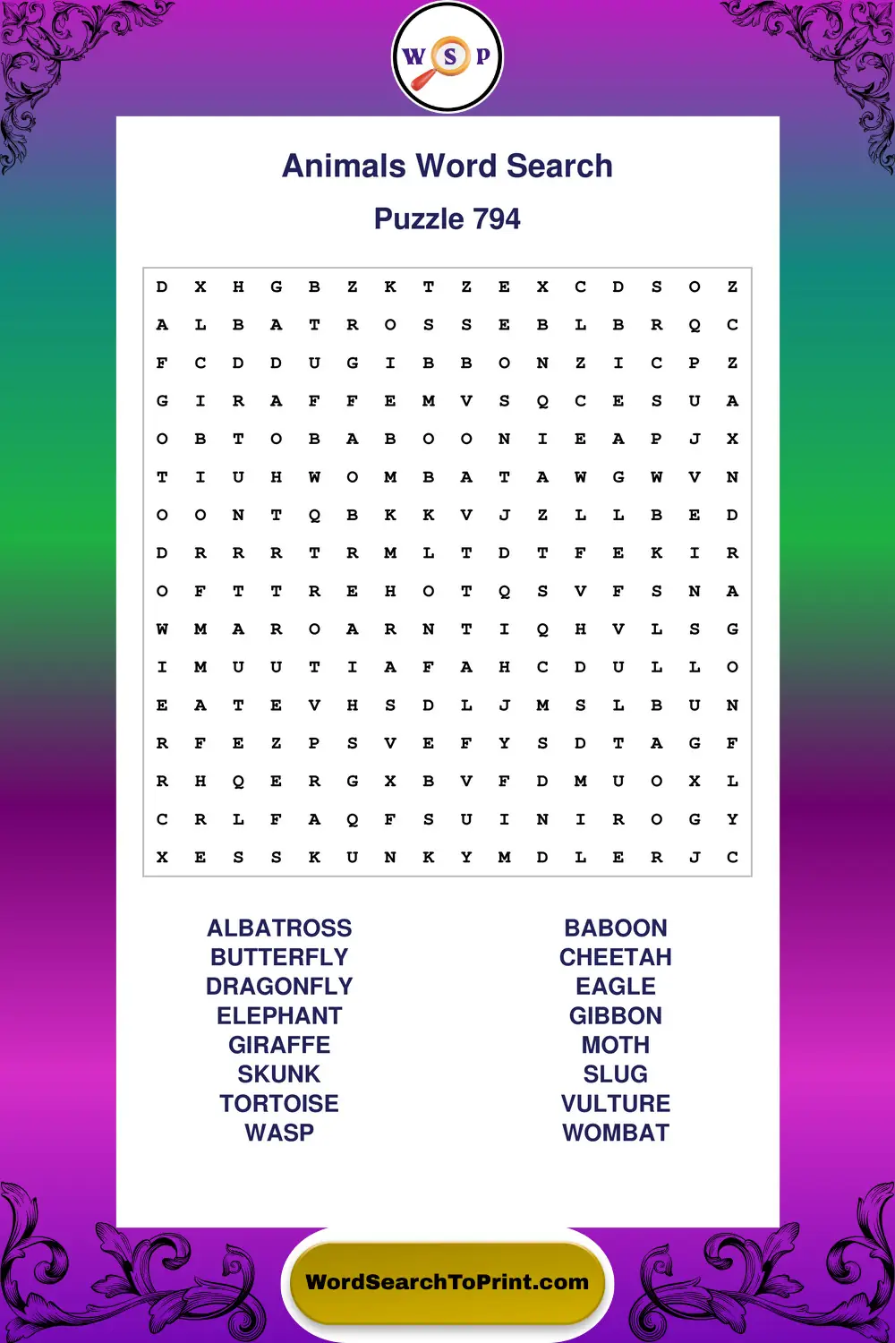 Animals Word Search Puzzle 794