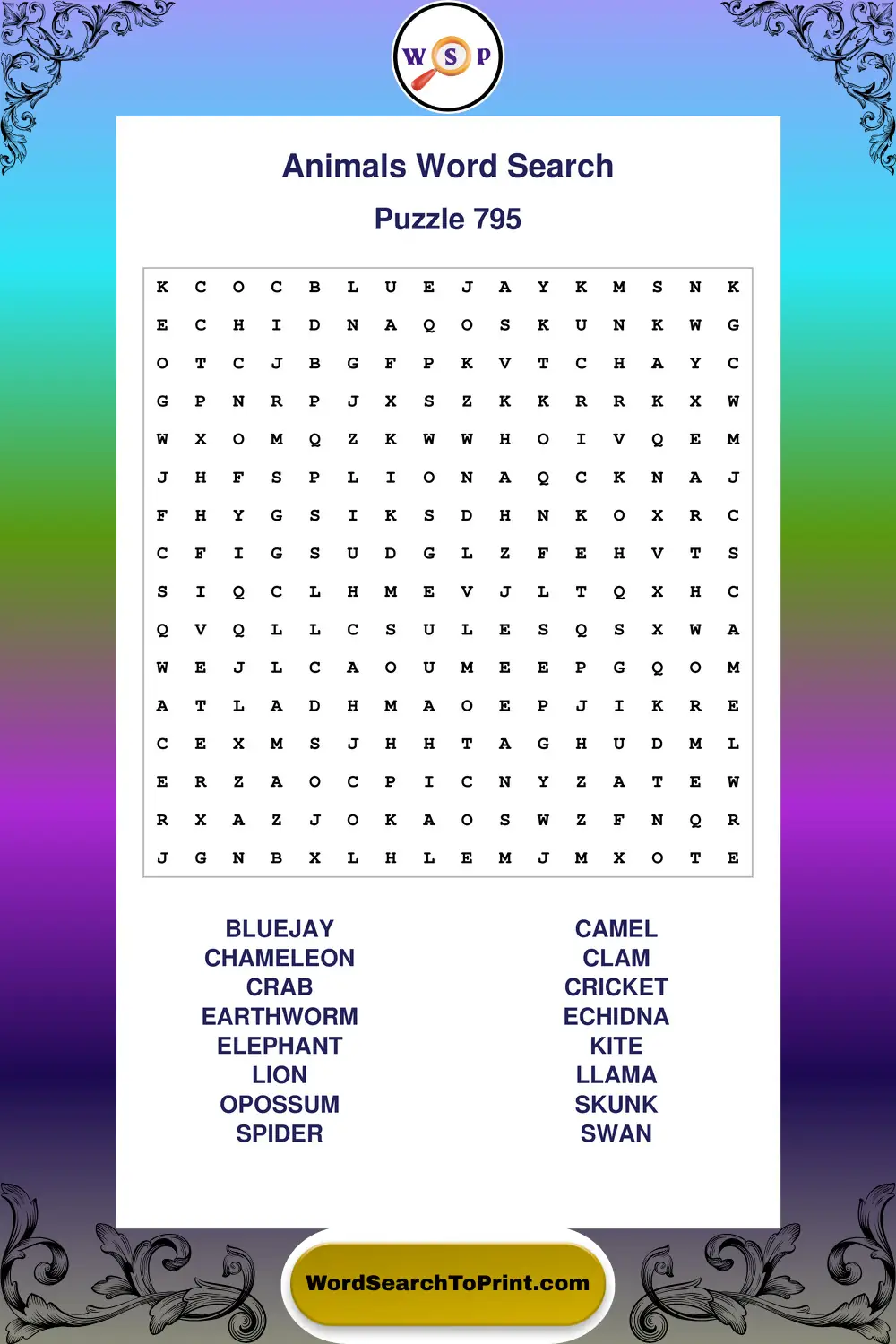 Animals Word Search Puzzle 795
