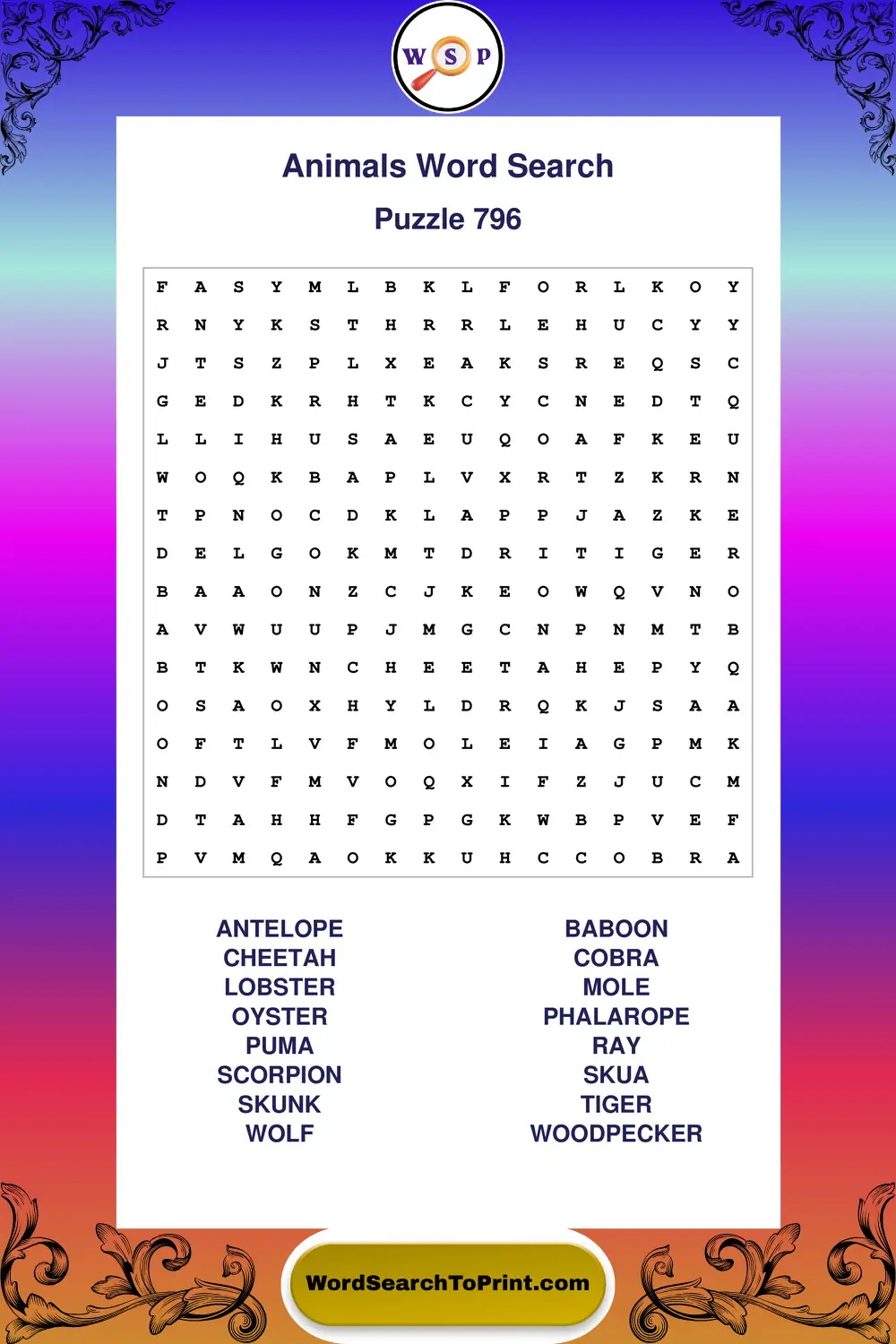 Animals Word Search Puzzle 796