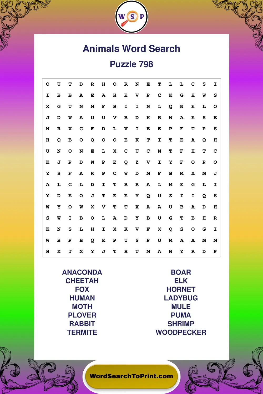 Animals Word Search Puzzle 798