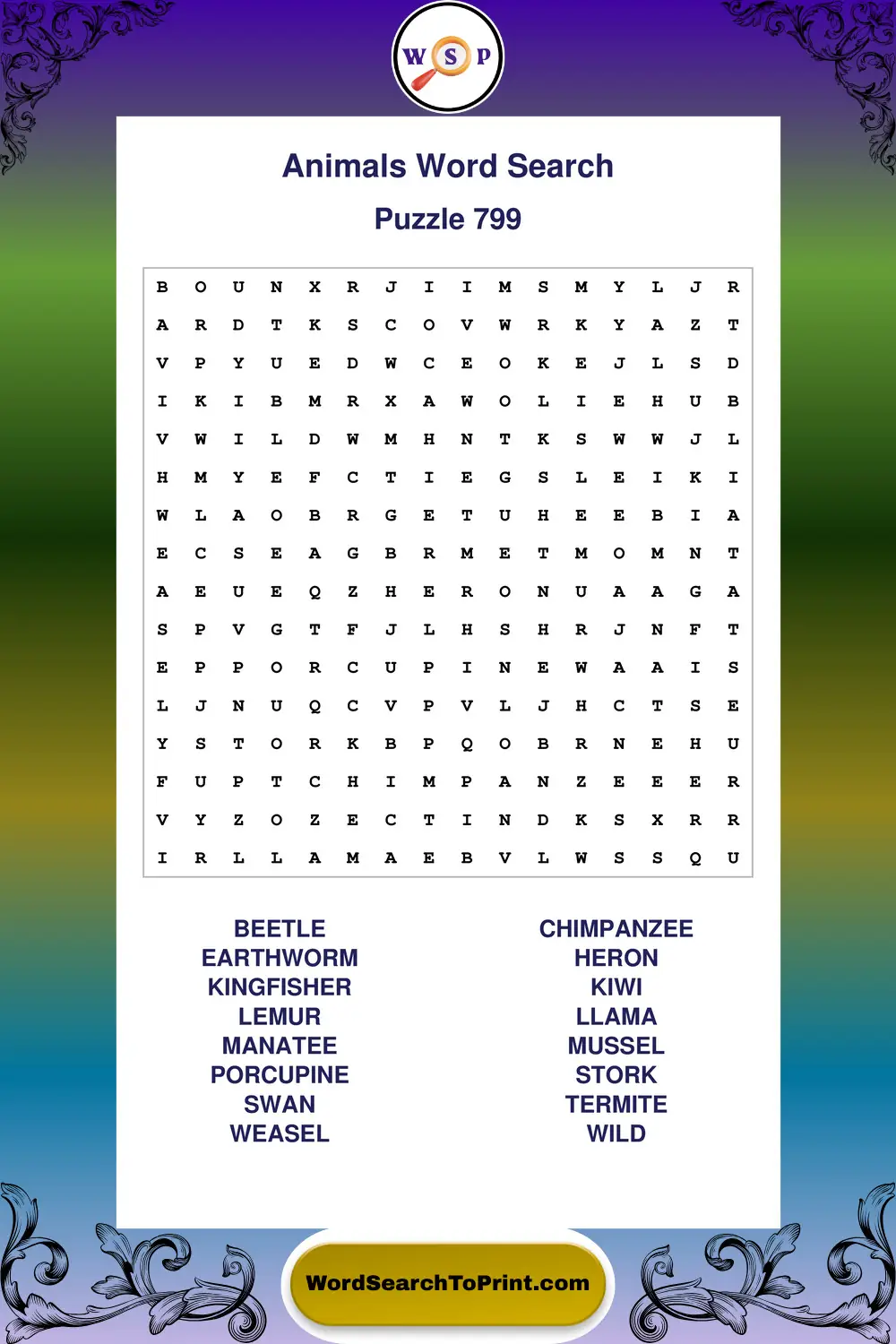 Animals Word Search Puzzle 799