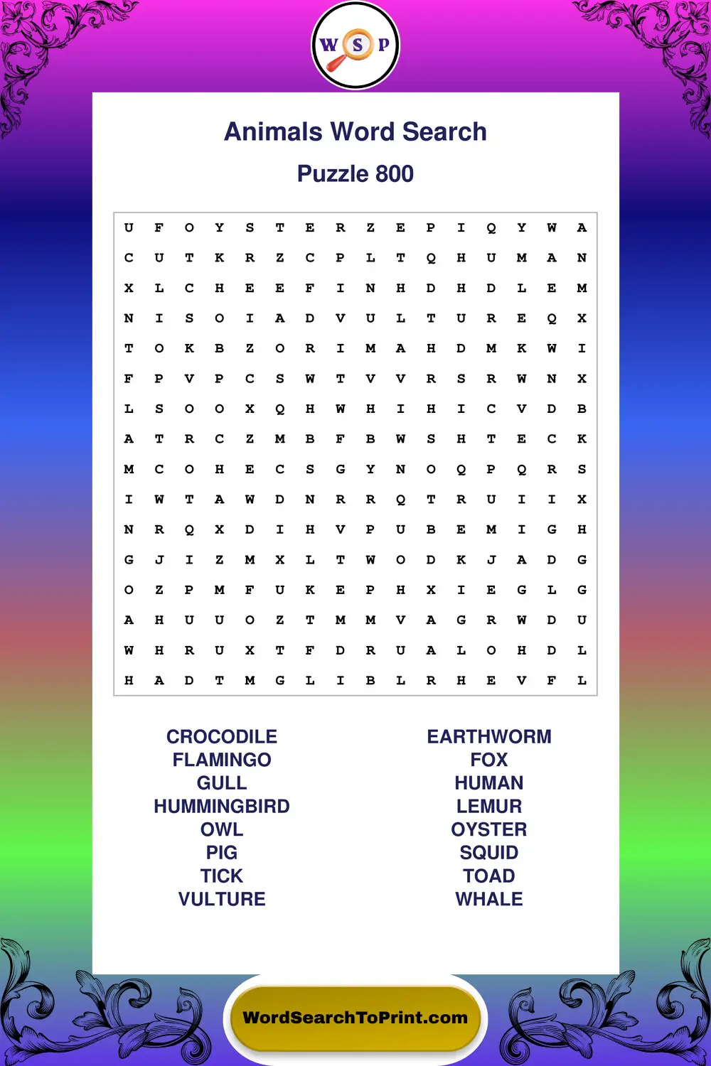Animals Word Search Puzzle 800