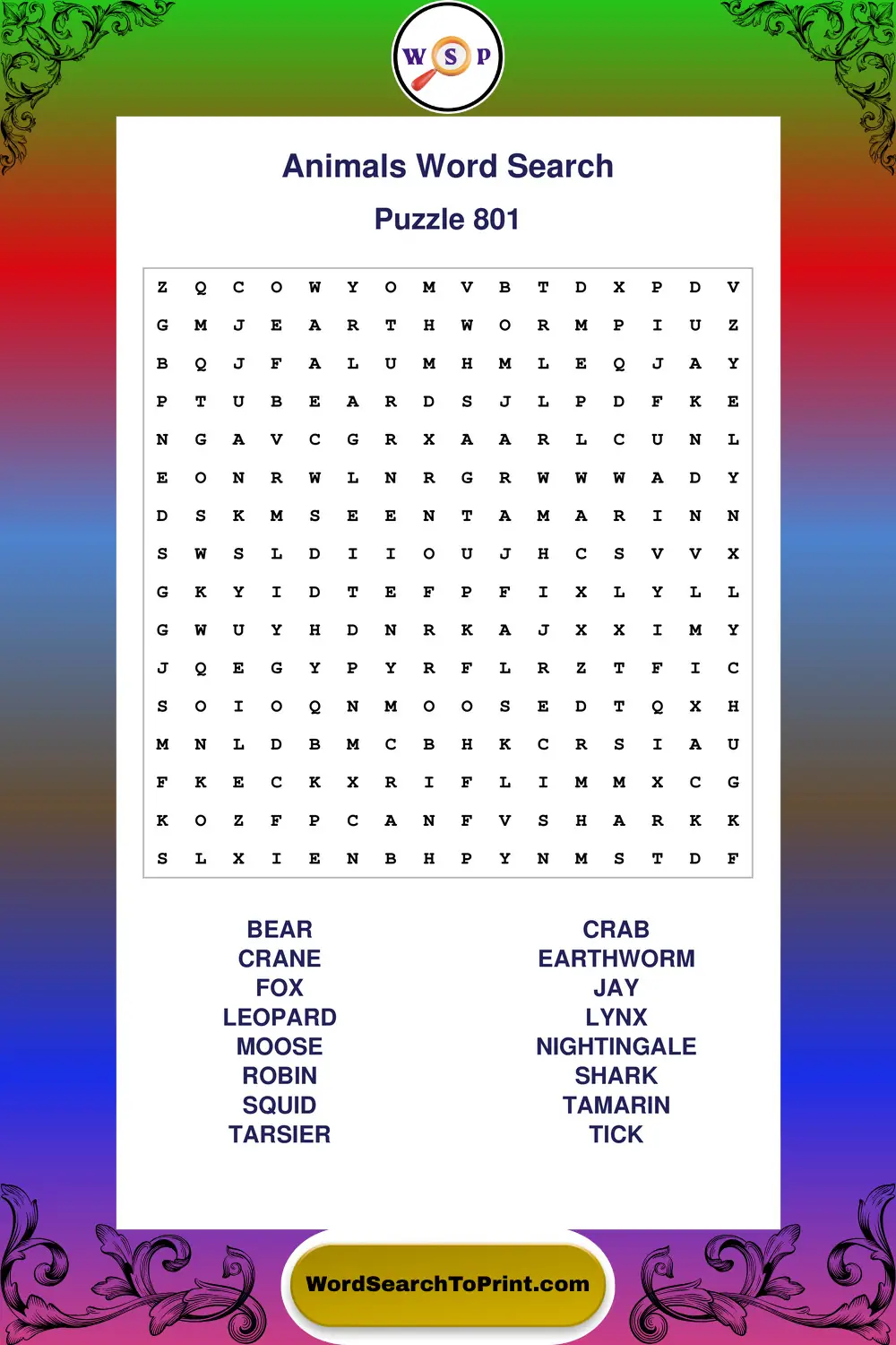 Animals Word Search Puzzle 801