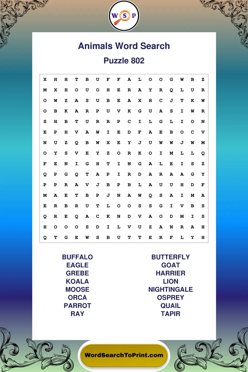 Animals Word Search Puzzle 802
