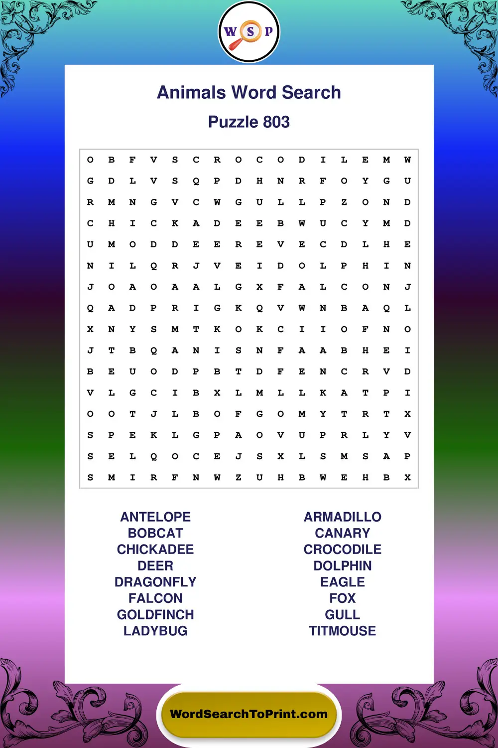 Animals Word Search Puzzle 803