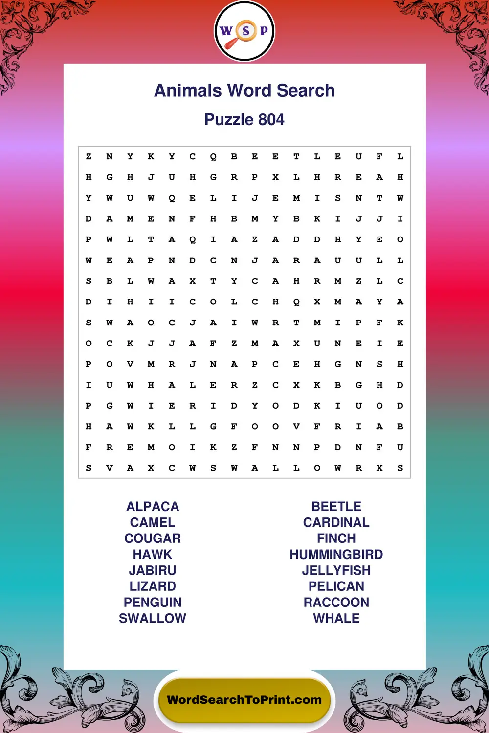 Animals Word Search Puzzle 804