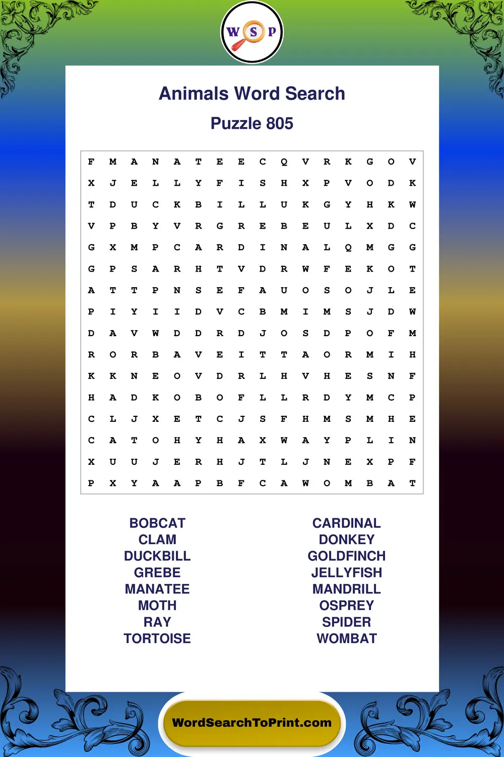 Animals Word Search Puzzle 805