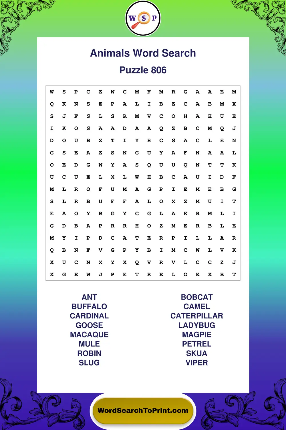Animals Word Search Puzzle 806