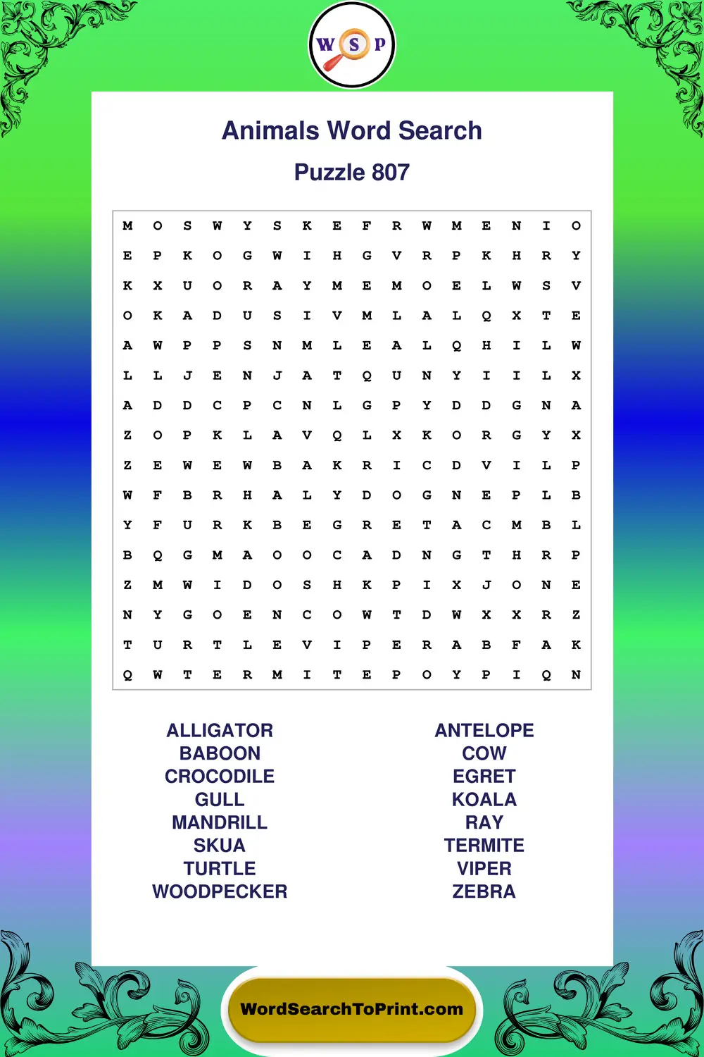 Animals Word Search Puzzle 807