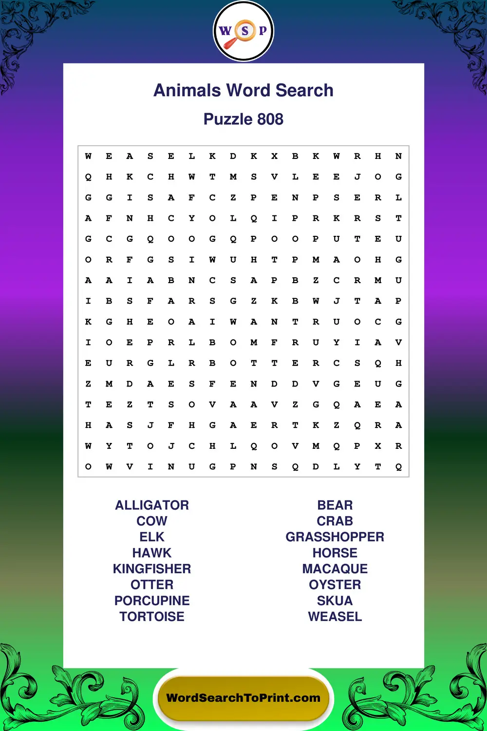 Animals Word Search Puzzle 808