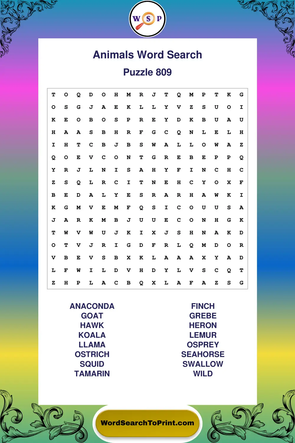 Animals Word Search Puzzle 809