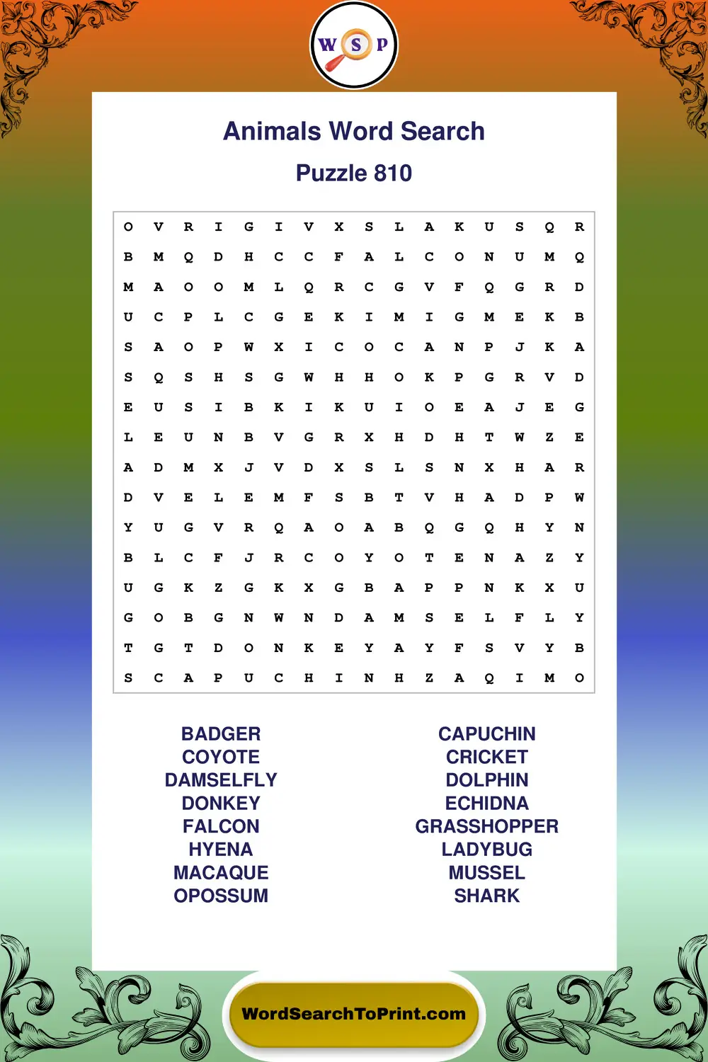 Animals Word Search Puzzle 810