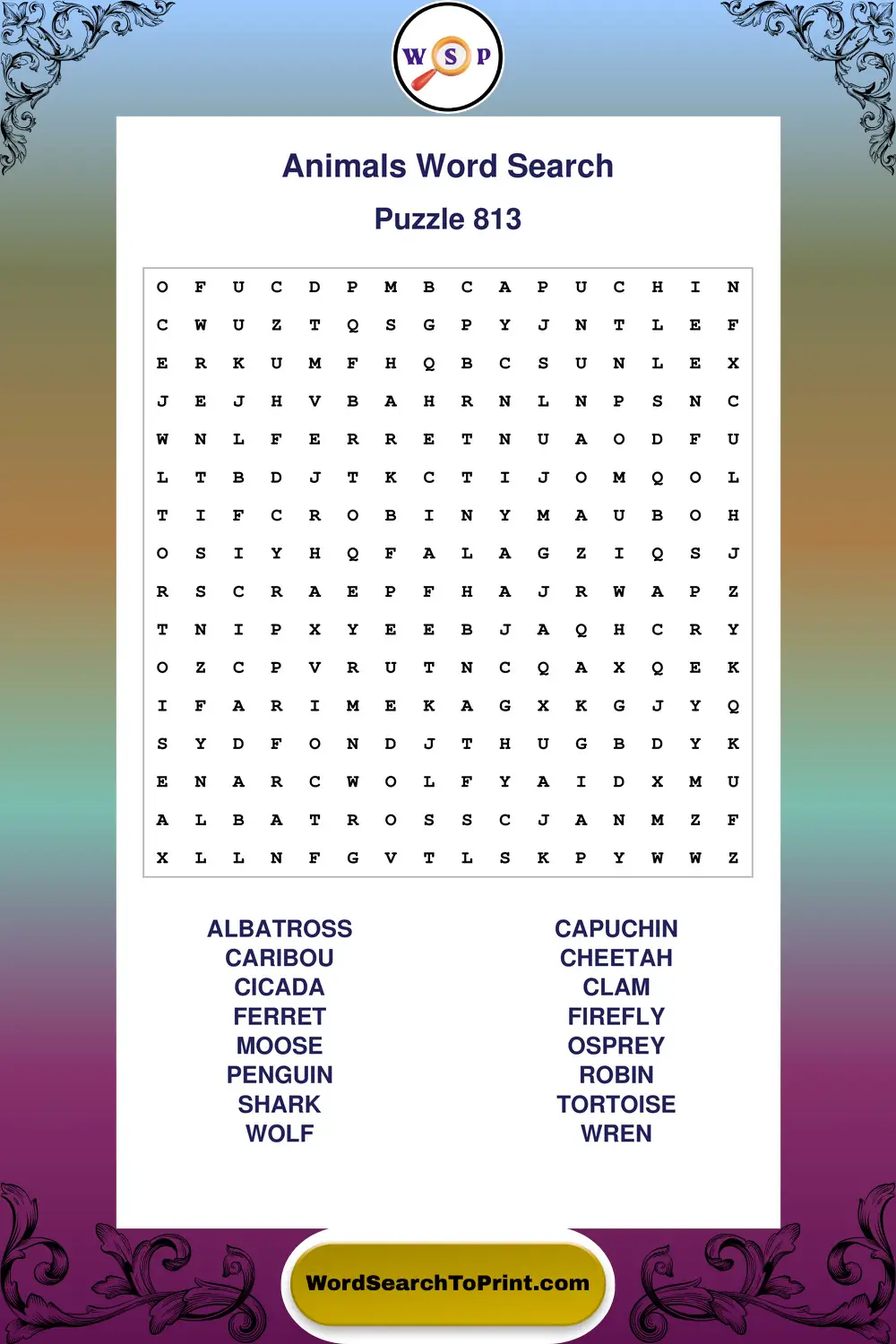 Animals Word Search Puzzle 813