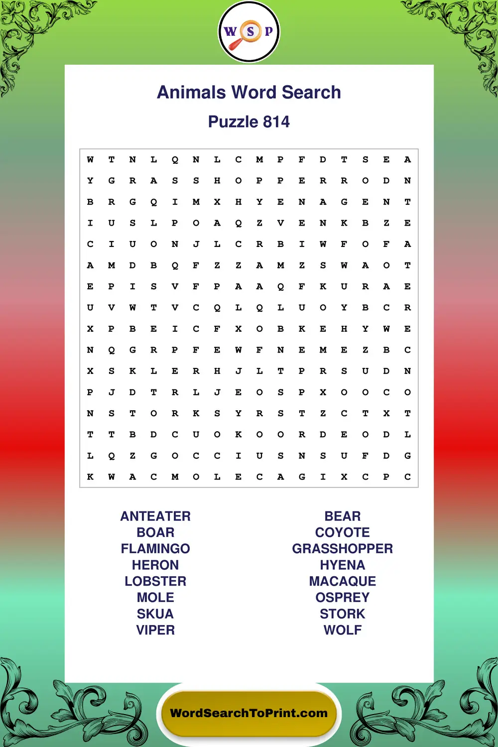 Animals Word Search Puzzle 814