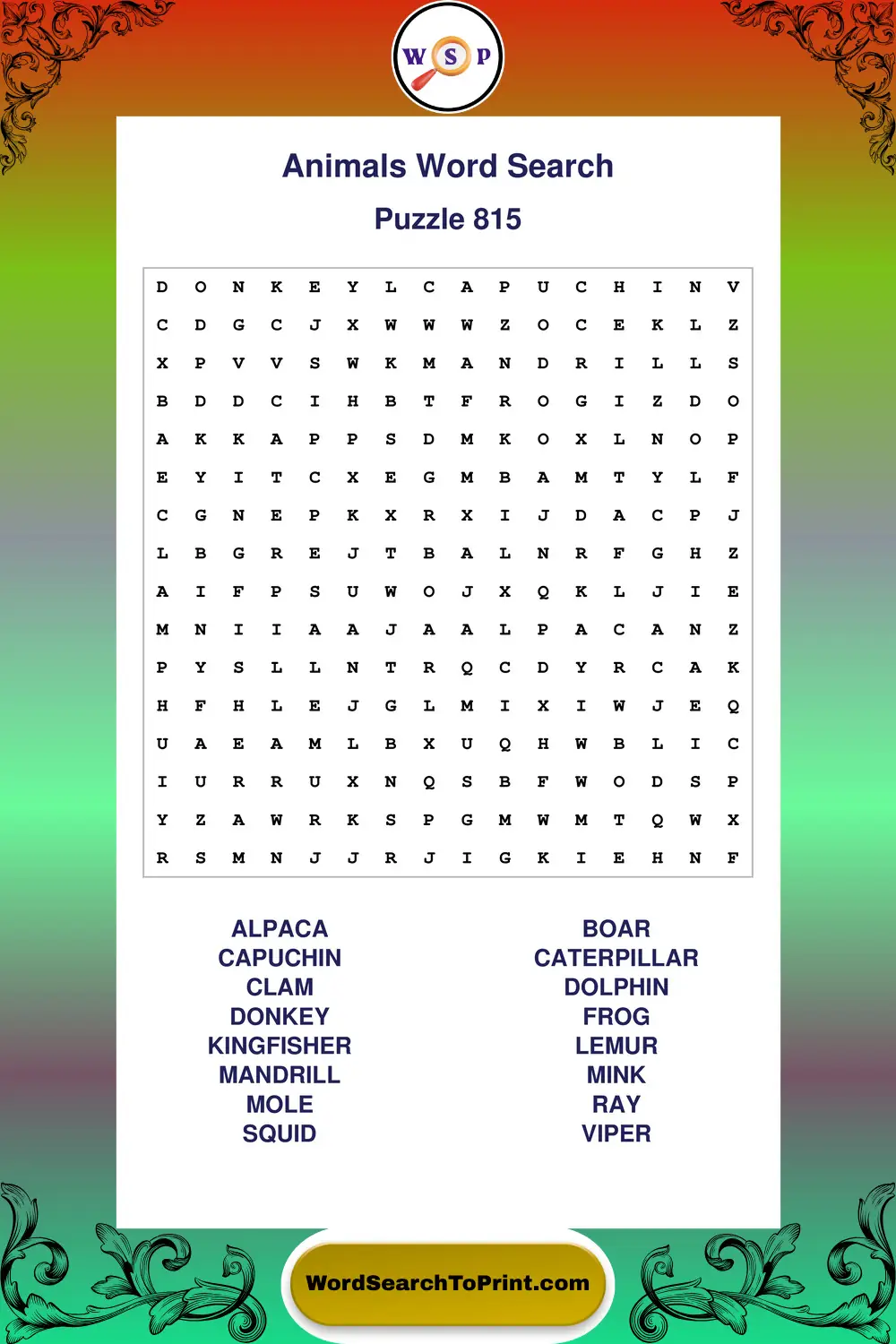 Animals Word Search Puzzle 815