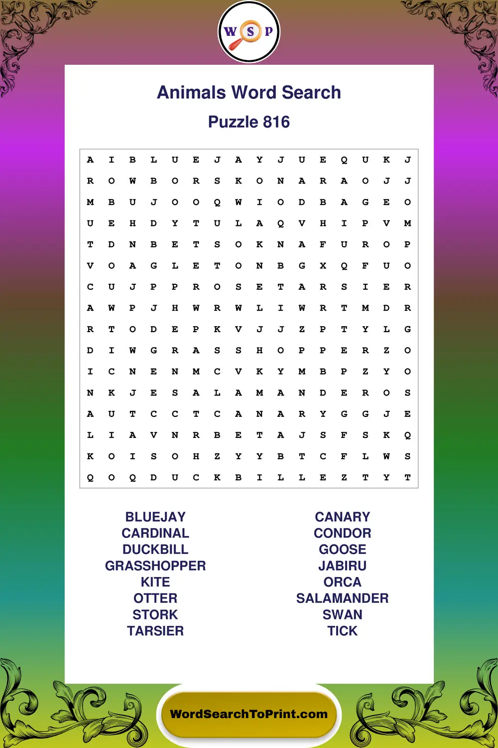 Animals Word Search Puzzle 816