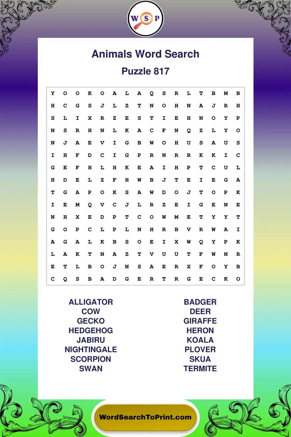 Animals Word Search Puzzle 817