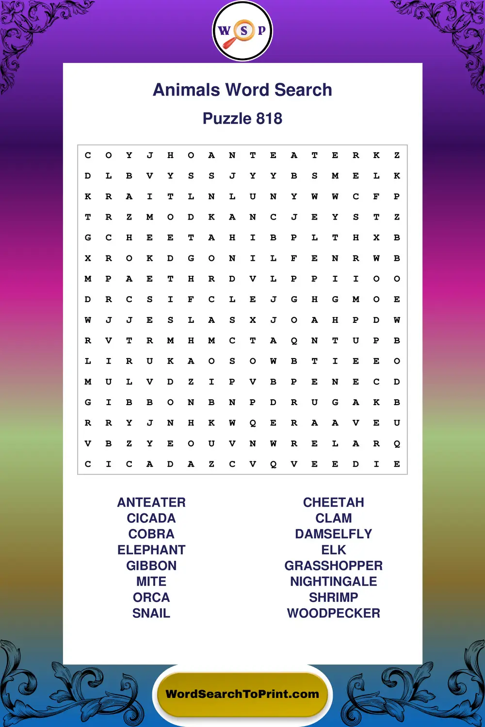 Animals Word Search Puzzle 818