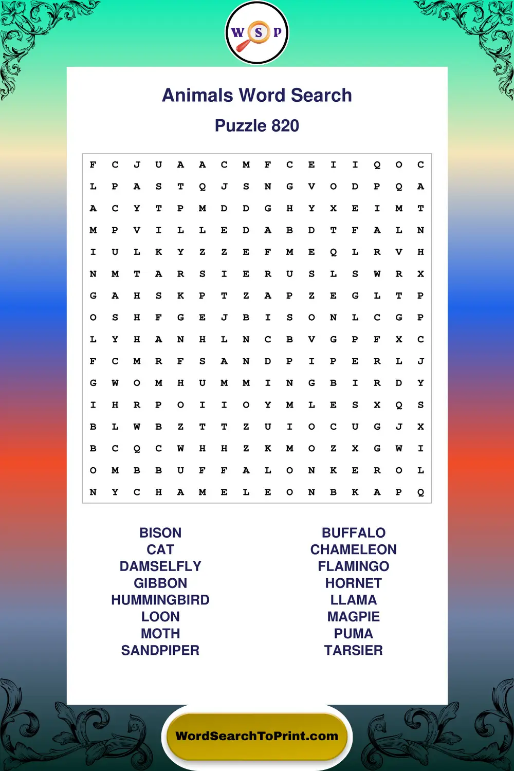 Animals Word Search Puzzle 820