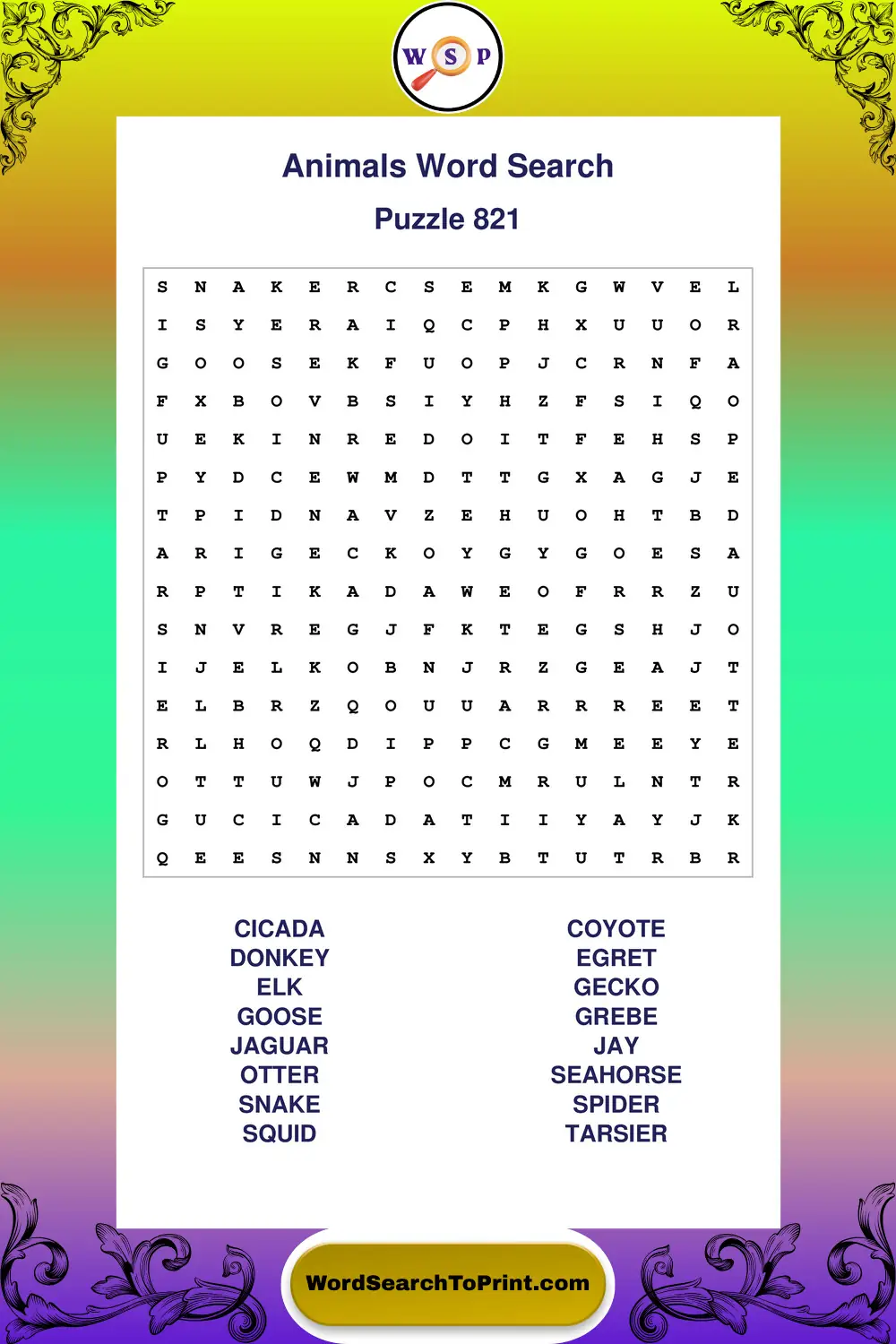 Animals Word Search Puzzle 821