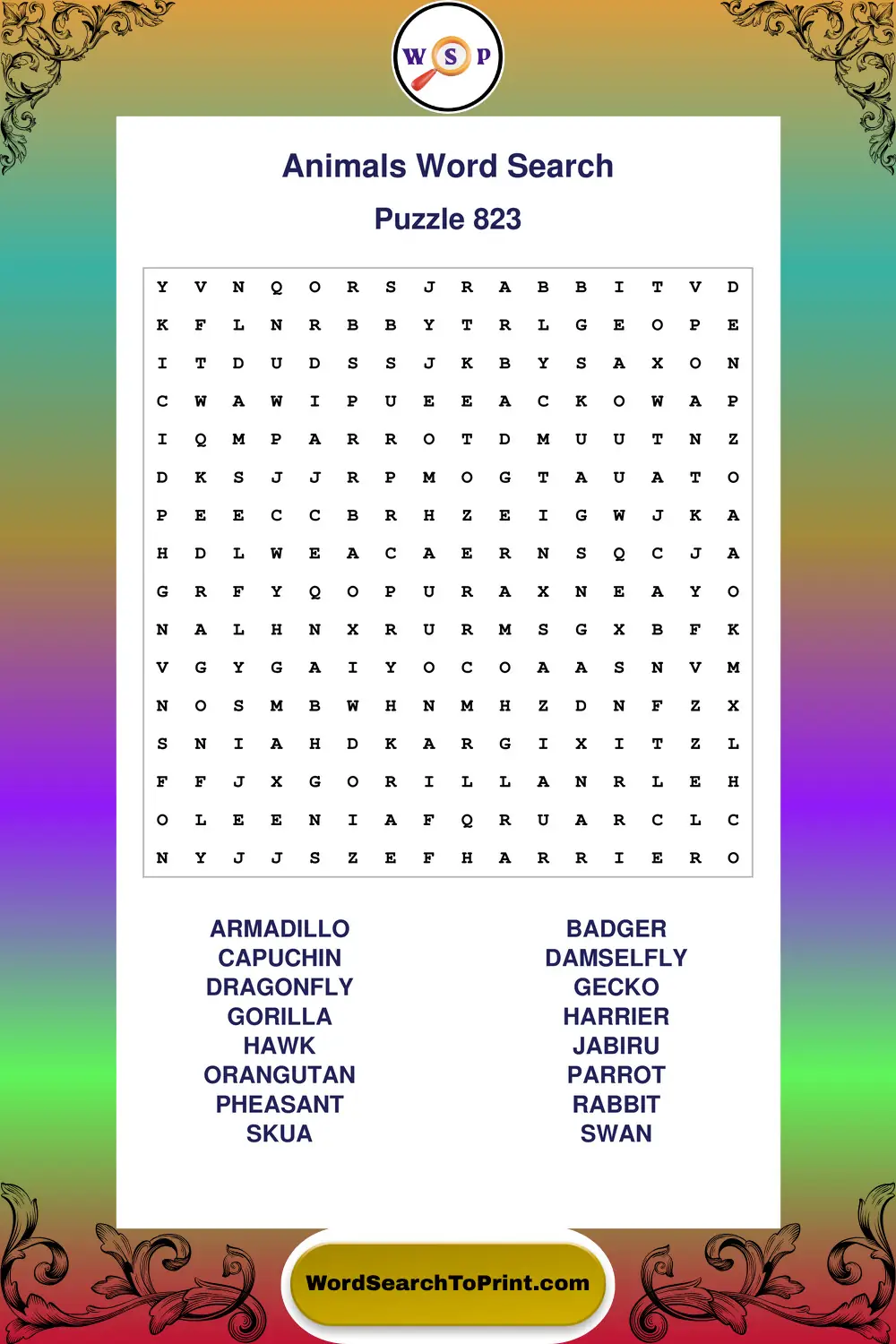 Animals Word Search Puzzle 823