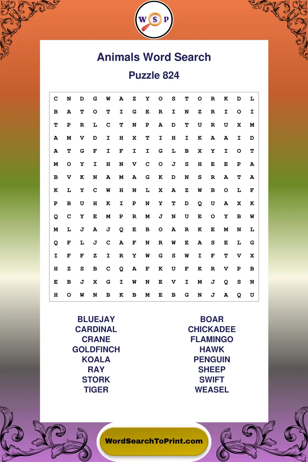 Animals Word Search Puzzle 824