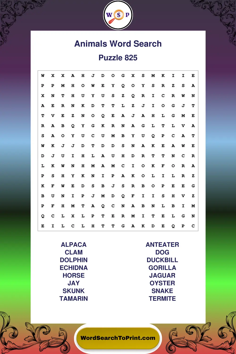 Animals Word Search Puzzle 825