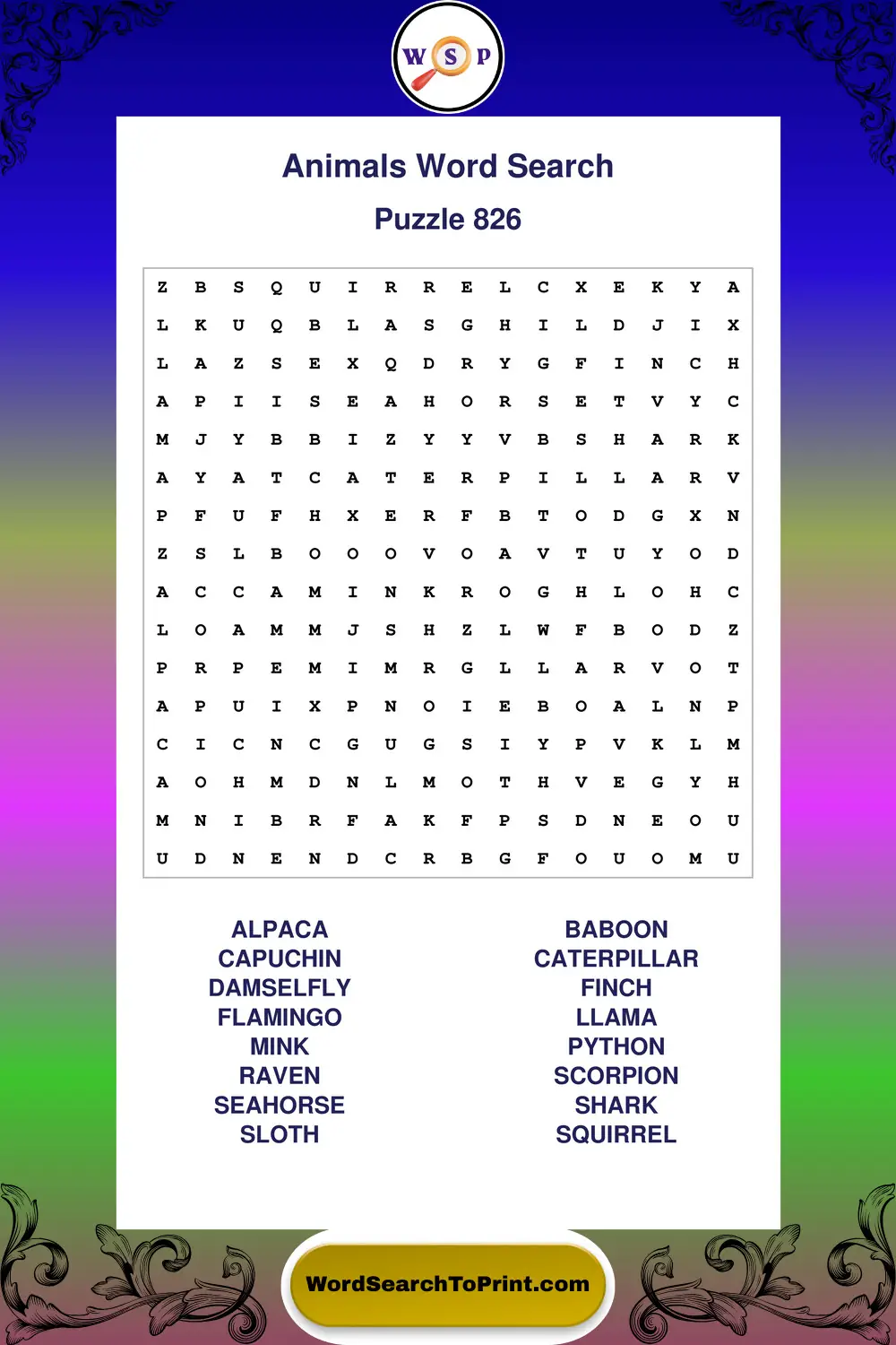 Animals Word Search Puzzle 826