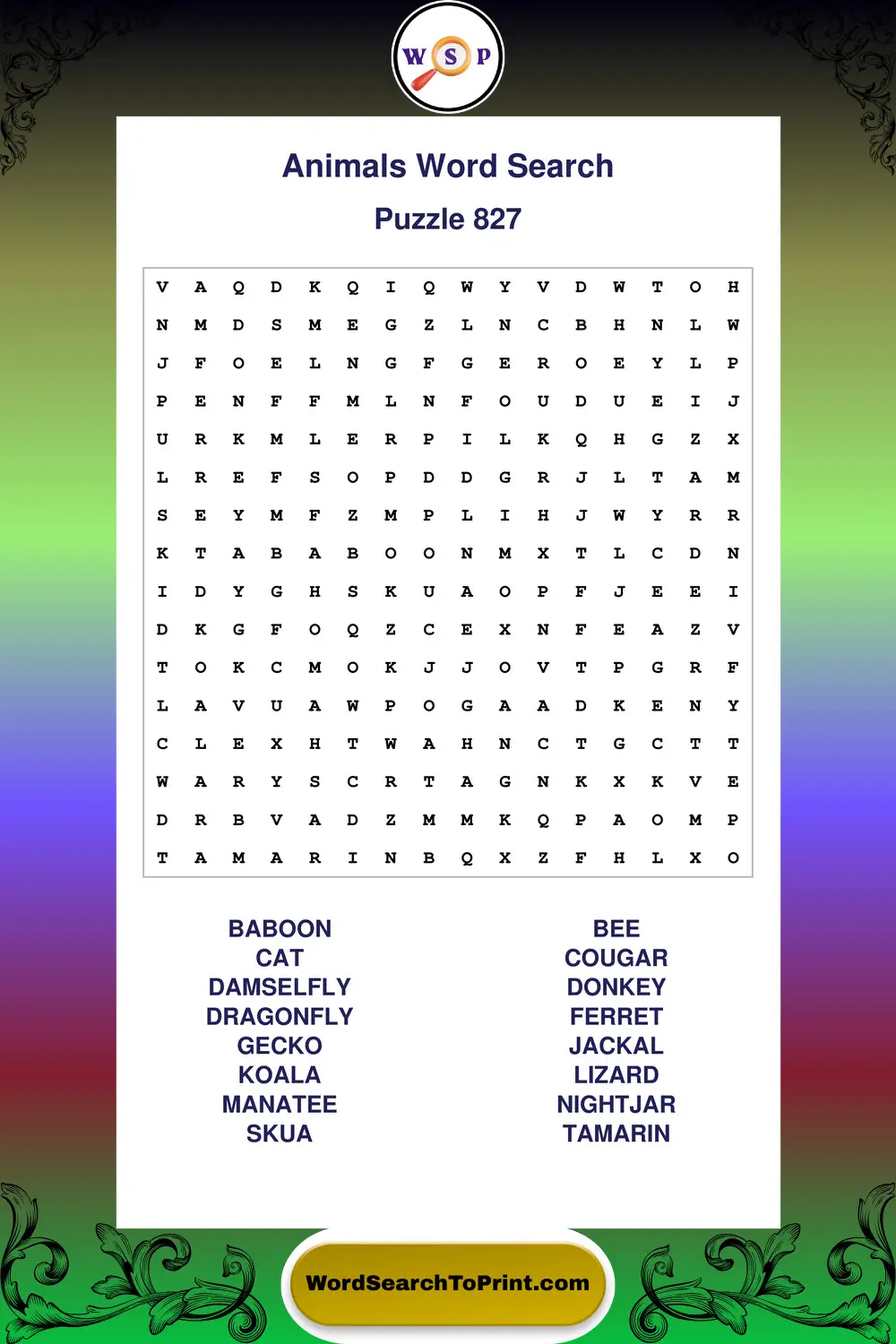 Animals Word Search Puzzle 827