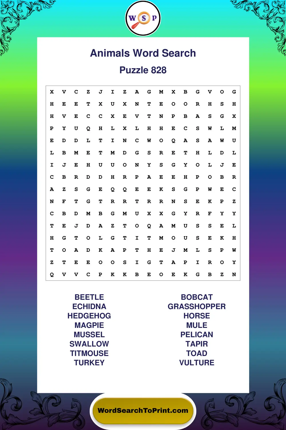 Animals Word Search Puzzle 828